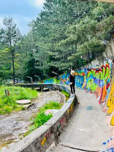 A visitor photographing the graffiti covered Olympic bobsled track