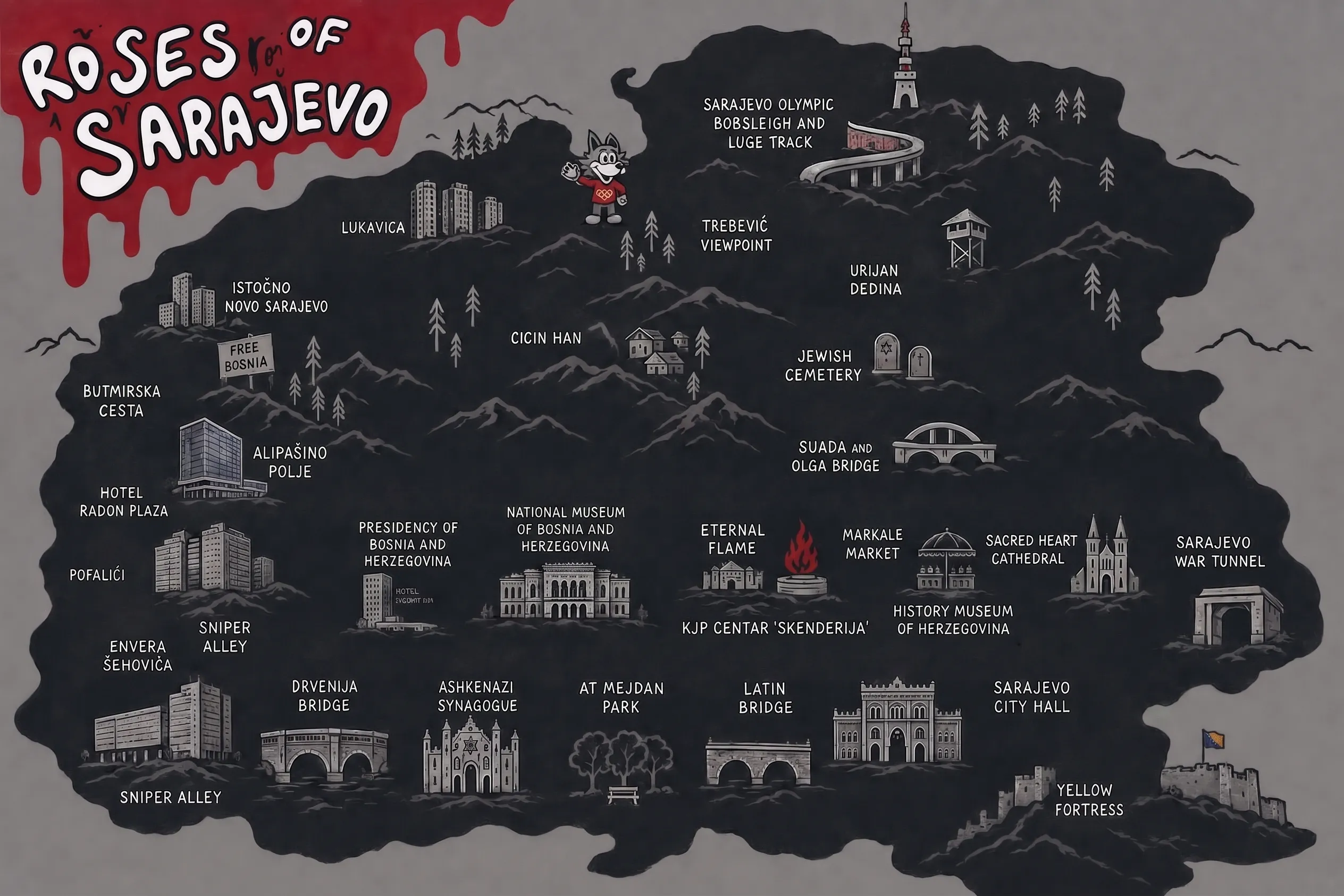 Illustrated map of the Roses of Sarajevo tour itinerary